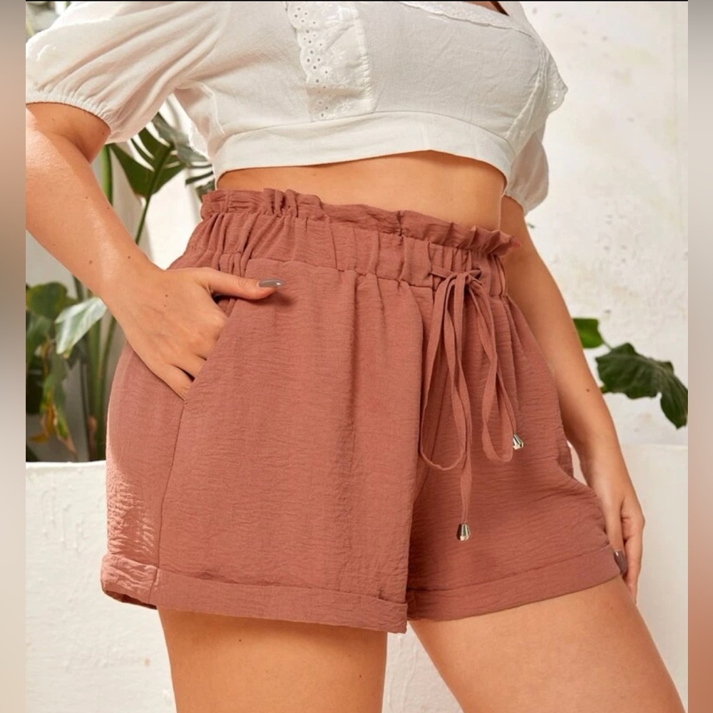 Paper Bag Waist Drawstring Slant Pocket Shorts - Size 1XL